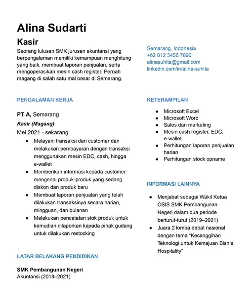 contoh cv bahasa indonesia tanpa pengalaman