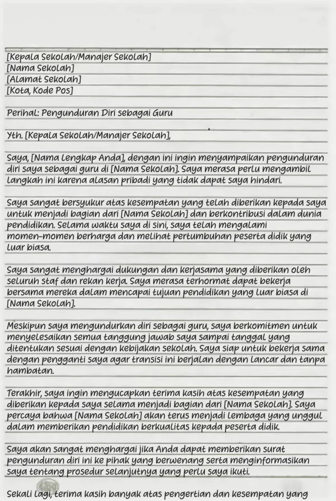 contoh surat pengunduran diri sebagai guru