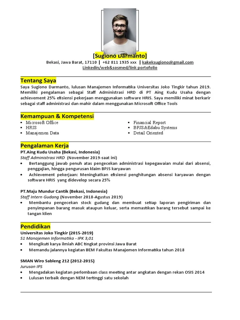 Contoh CV Staff Administrasi dalam Bahasa Indonesia